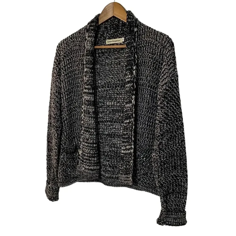 COTTON EMPORIUM Open Front Cardigan Sweater Black White Size Medium Cross Stitch